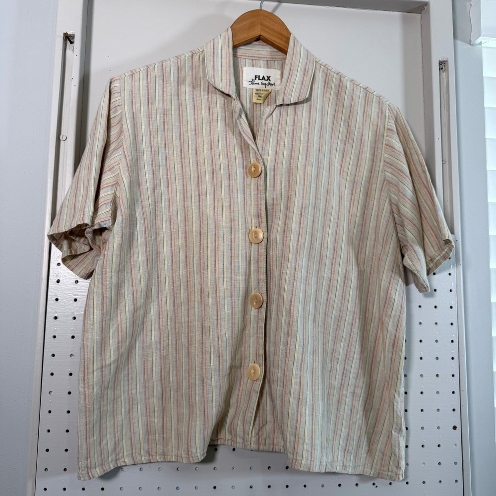 Flax Jeanne Engelhart Linen Shirt Women's Striped Short Sleeve S VTG Lagenlook